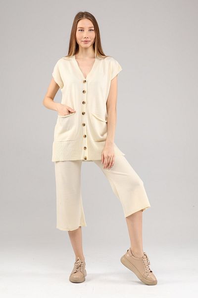 1Moda1Tarz Women's Ecru V-Neck Top with Pocket Button Closure Vest Cardigan Bottom Wide Leg Trousers Knitwear Bottom-Top Set