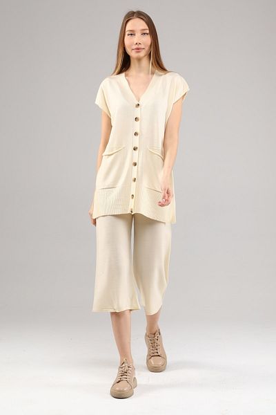 1Moda1Tarz Women's Ecru V-Neck Top with Pocket Button Closure Vest Cardigan Bottom Wide Leg Trousers Knitwear Bottom-Top Set