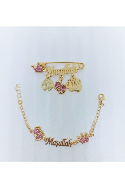 MAVİ ÇERÇİ Pembe Kristal Taşlı Maşallah Yazılı Bebek Yaka Iğne Ve Bileklik Set