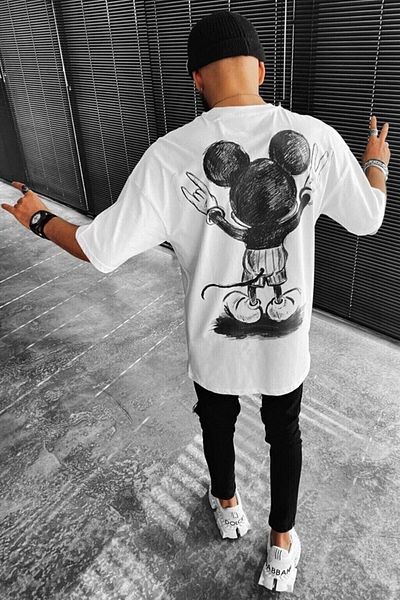 BENROMA Oversize bílé tričko s potiskem Mickey Mouse