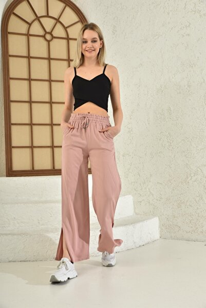 diaves Paçası Yırtmaçlı Belmando Keten Kumaş Beli Lastikli Yazlık Pantolon