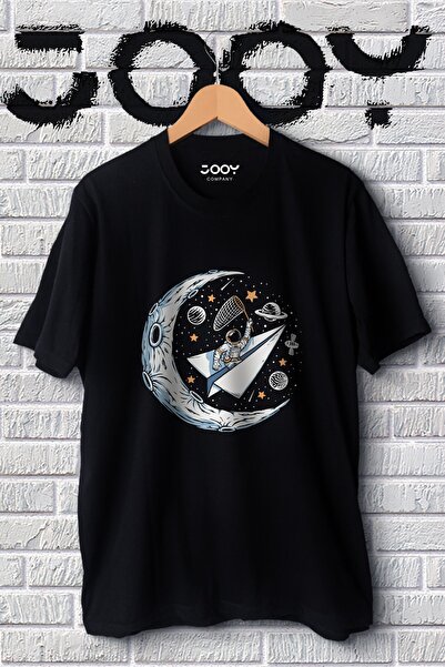 Jooy Company تيشيرت كبير الحجم مطبوع عليه الفضاء والقمر باللون الأسود للجنسين