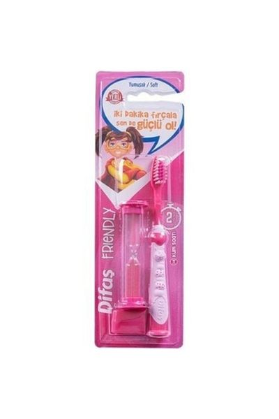Difaş Friendly Children's Toothbrush Soft + Hourglass (Pink Color)