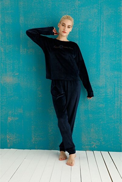 BİNYILDIZ 4200-2 Жіночий комплект піжами з принтом з оксамиту