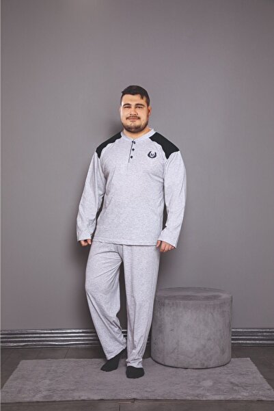 KMKkombin Erkek Gri Battal Beden Uzunkol Pijama Takımı