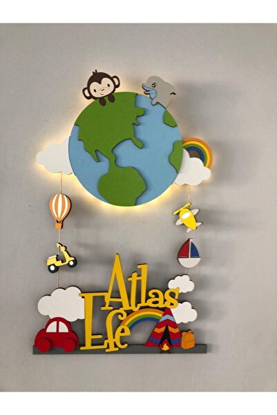 Atölye Selçukum Işıklı Ahşap Bebek Odası Kapı Süsü - Dünya