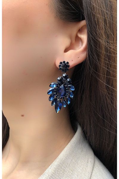 dejavugümüş Women's Blue Color Crystal Stone Dangle Evening Dress Earrings