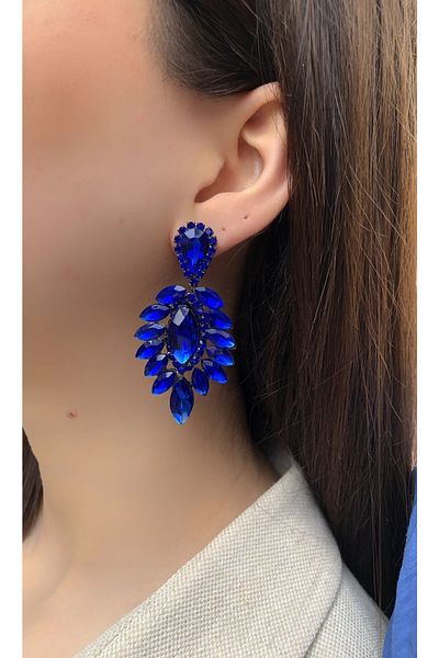 dejavugümüş Women's Blue Color Crystal Stone Dangle Evening Dress Earrings