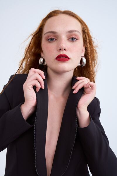 Sateen Fermuar Detaylı Yaka Klasik Ceket - Siyah