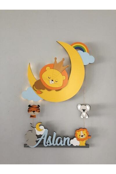 Atölye Selçukum Işıklı Ahşap Bebek Odası Kapı Süsü - Aslan