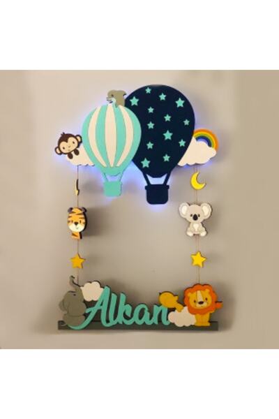 Atölye Selçukum Balonlu Hayvanlı Işıklı Bebek Ahşap Kapı Süsü