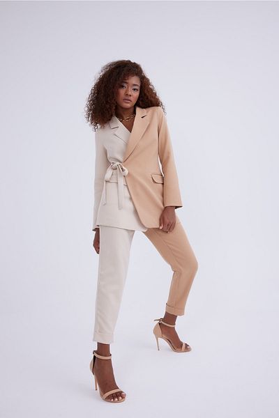 Sateen High Waist Contrast Trousers - Beige-camel