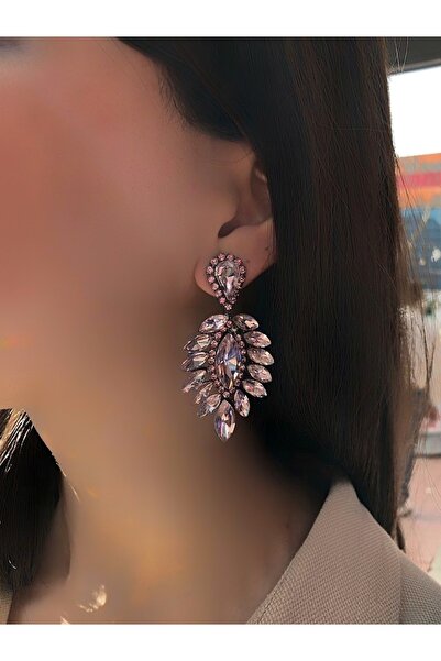 dejavugümüş Kadın Pembe Rengi Sallantılı Kristal Taşlı Abiye Küpe