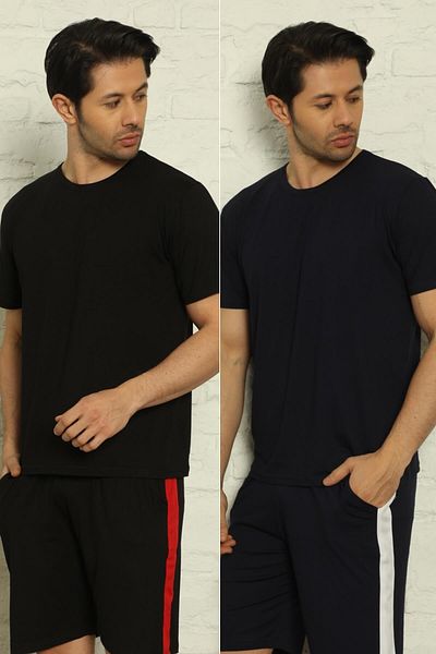 Pijamaevi Černo-námořnicky modré pánské pyžamové tričko Basic Slim Fit ve dvou baleních
