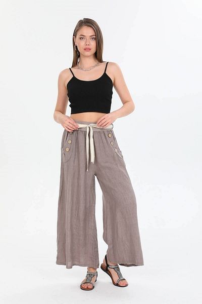 AYASOFYA OTANTIK Women's Italian Mink Button Detailed Belted Waist Wide Leg Loose Linen Trousers