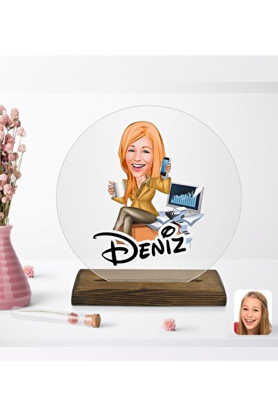 Bk Gift Kişiye Özel Kadın Muhasebeci Karikatürlü Yuvarlak Ahşap Standlı Biblo-1