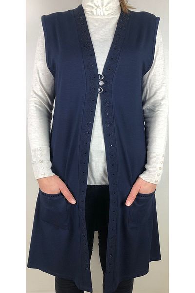 MİSS BEYZA Navy Blue Combed Cotton Daily Long Vest
