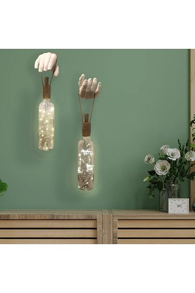Mes Reves Handmade Sculpture Hand Decorated White Wine Bottle Sconce with Led Lights Set of 2