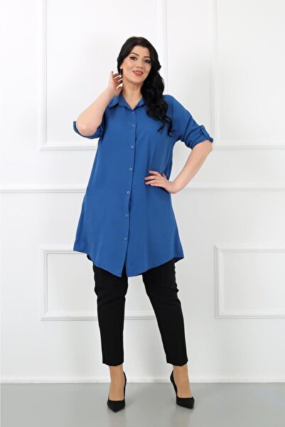 By Alba Collection Women's Cotton Viscose Plain Large Size Tunic Indigo