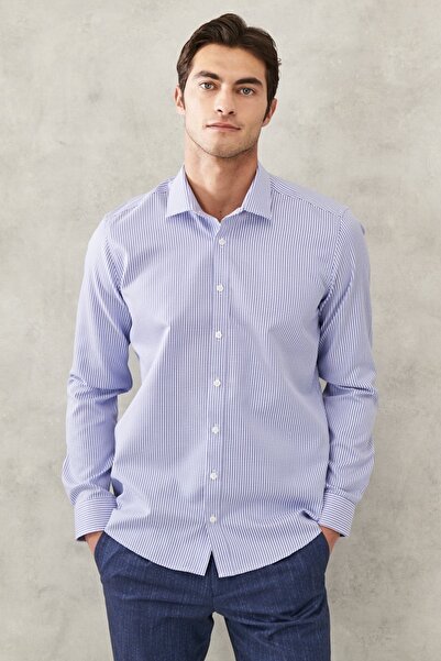 ALTINYILDIZ CLASSICS Мъжка бяло-синя прилепнала риза от 100% памук без желязо