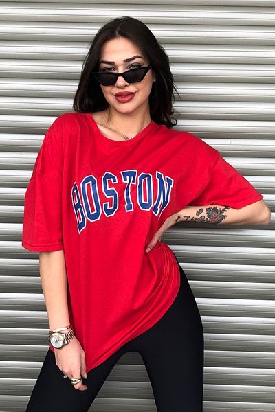 Machetta Boston Printed Red Oversize Women's T-shirt