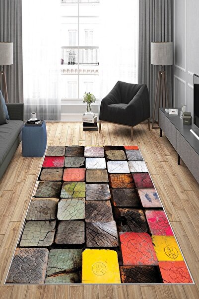 on the clouds Çok Renkli Kütük Desenli Yıkanabilir Kaymaz Taban Leke Tutmaz M...