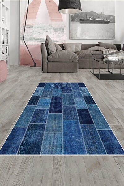 Pelangi Lacivert Patchwork Kırkama Desen Yıkanabilir Kaymaz Taban Leke Tutmaz...