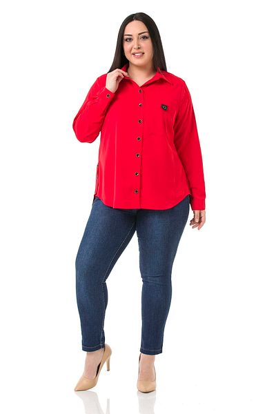 DISENTIS MODEST Large Size Leather Pocket Covered Side Openable Button Detail Long Back Red Shirt