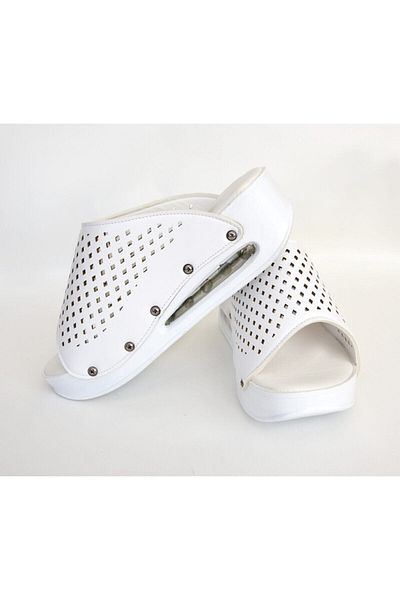 Nur Ortopedi Women's White Flat Diamond Hole Slippers Sabo