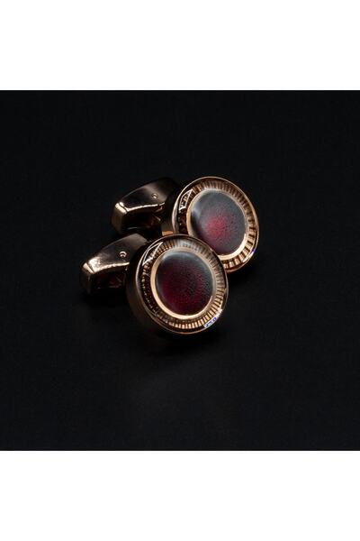 verozi Kol Düğmesi Yuvarlak Bordo Taşlı Bakır Renkli Gövde