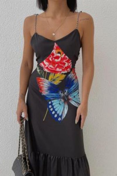 1Moda1Tarz Γυναικείο φόρεμα με λουράκι με λουράκι με ελαστική πλάτη με μαύρη πεταλούδα