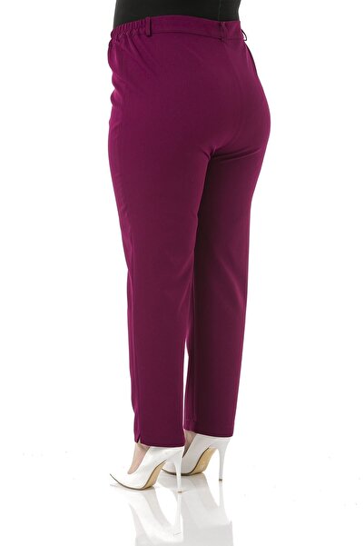 DISENTIS MODEST Plus Size Claret Red Trousers with Elastic Waist and Side Zippered Leg Slits
