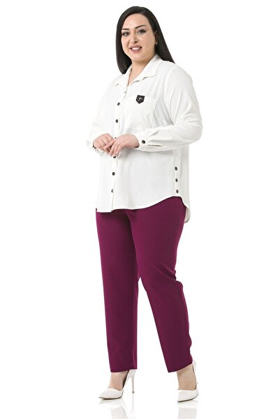 DISENTIS MODEST Plus Size Claret Red Trousers with Elastic Waist and Side Zippered Leg Slits