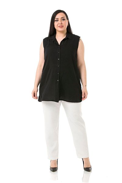 DISENTIS MODEST Pantaloni albi de marime plus cu talie elastică și fermoar lateral și fante pe picior
