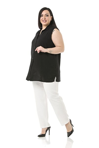 DISENTIS MODEST Plus Size White Trousers with Elastic Waist and Side Zipper and Slits on the Leg
