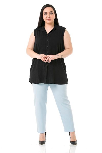 DISENTIS MODEST Plus Size Baby Blue Trousers with Elastic Waist and Side Zipper and Slits on the Leg