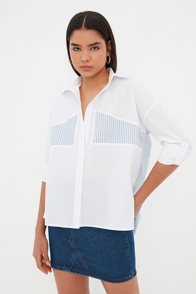 Trendyol Collection Oversize ecru pruhovaná košile - Široký střih TWOSS22GO00098