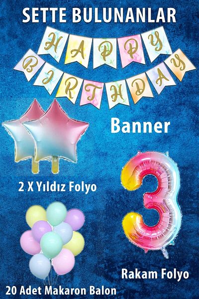 Patladı Gitti Rainbow Concept 3 Year Old Birthday Party Celebration Set; Number and Star Foil, Banner and Macaron Honey