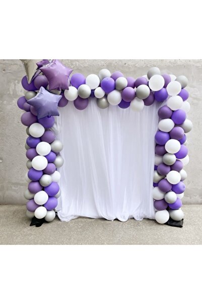 Çemrek Süs Parti Mor Lila Gri Beyaz Balon Zinciri Seti 102 Adet Balon Pompa V...