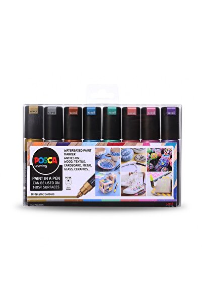 Uni مجموعة قلم Posca Marker المعدنية المكونة من 8 قطع