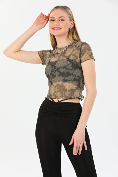 Bukamiss Γυναικεία μπλούζα με κοντό μανίκι με πράσινο λουλούδι