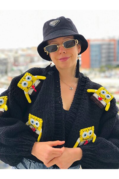 ORGANICMIRA Kadın Sponge Bob Hırka Oversize Tasarım Özel Ceket Salaş Hırka Siyah