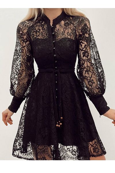 bayansepeti Lined Lace Fabric Button Detailed Black Evening Dress Black Graduation Dress 100