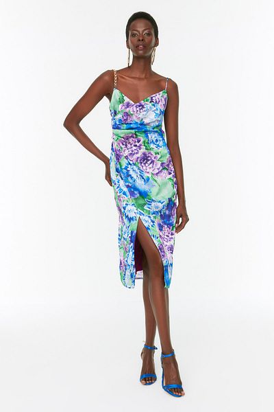 Trendyol Collection Πολύχρωμο βραδινό φόρεμα με στάμπα πράσινου λουλουδιού TPRSS21EL3753