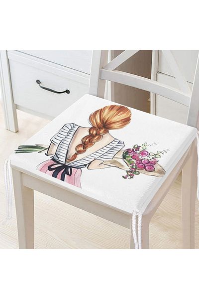 Realhomes Modern Zippered Chair Cushion with Floral Girl Drawing