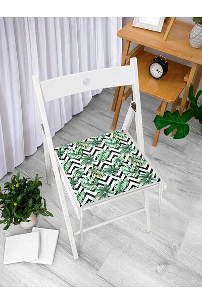 Realhomes Zigzag Black and White Stripe Themed Leaf Drawing Zippered Chair Cushion