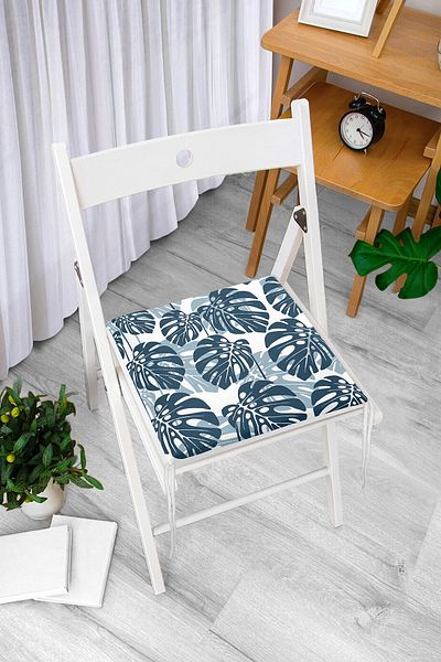 Realhomes Blue Colored Palm Leaves Digital Printed Zippered Chair Cushion