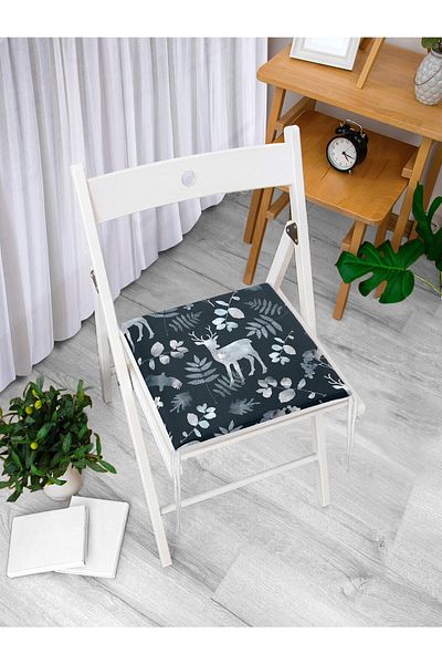 Realhomes Digital Printed Zippered Chair Cushion with Deer and Leaf Motifs on Navy Blue Background
