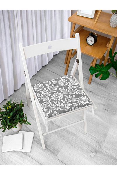 Realhomes Digital Printed Modern Zippered Chair Cushion with White Flower Motif on Gray Background