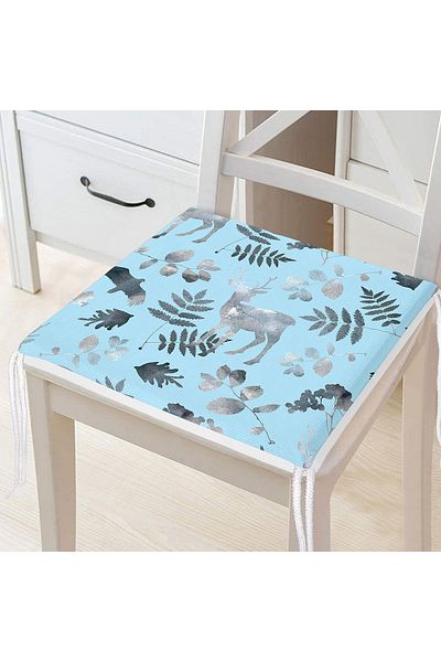 Realhomes Blue Background Deer and Leaf Patterned Zippered Chair Cushion